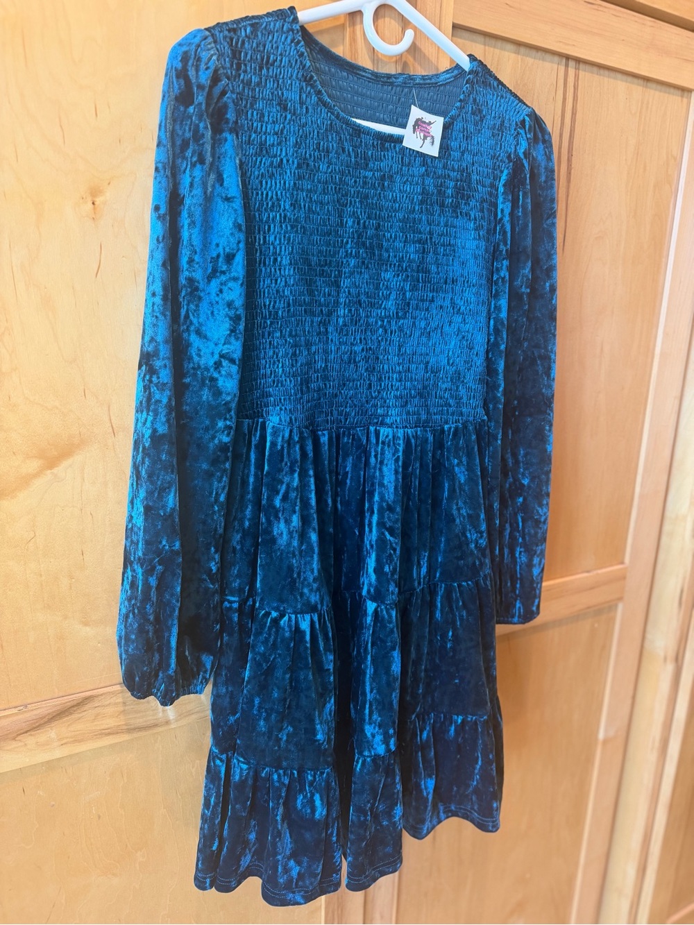 Women’s Blue Velvet Tiered Long-Sleeve Dress